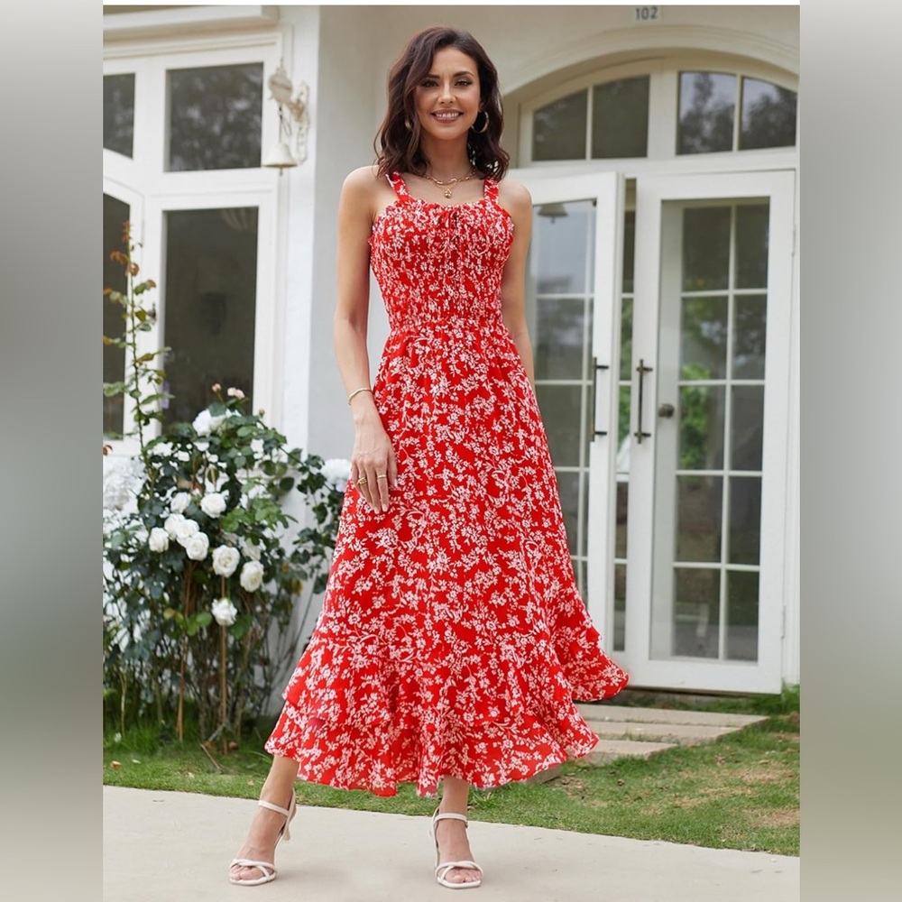 Grace Karin Floral Smocked Red Sundress - NWT